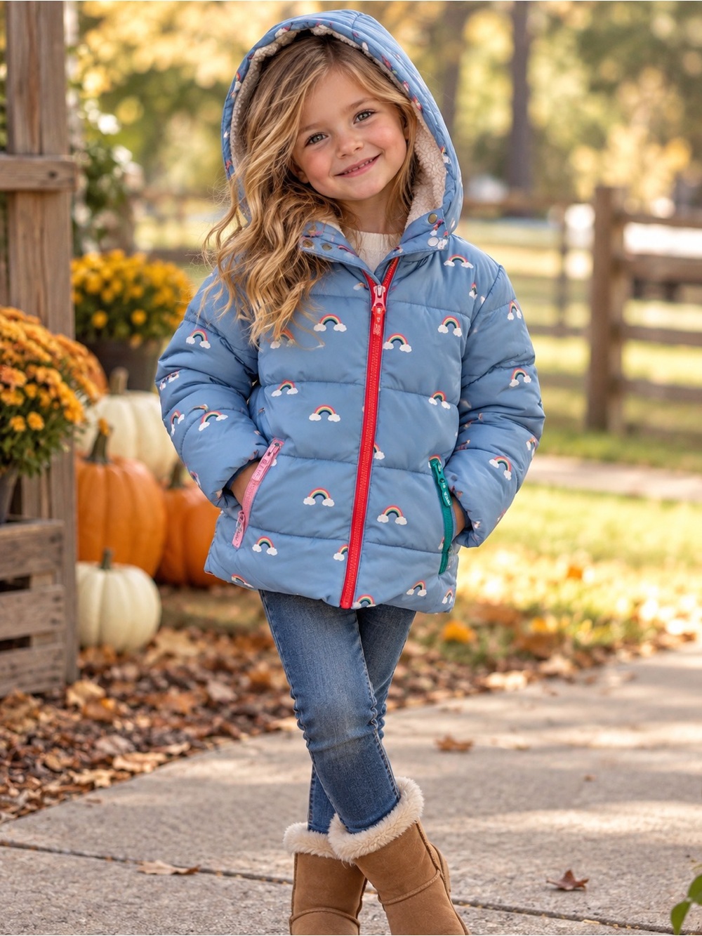Boden Light Blue Rainbow Print Hooded Puffer Jacket with Colorful Zippers